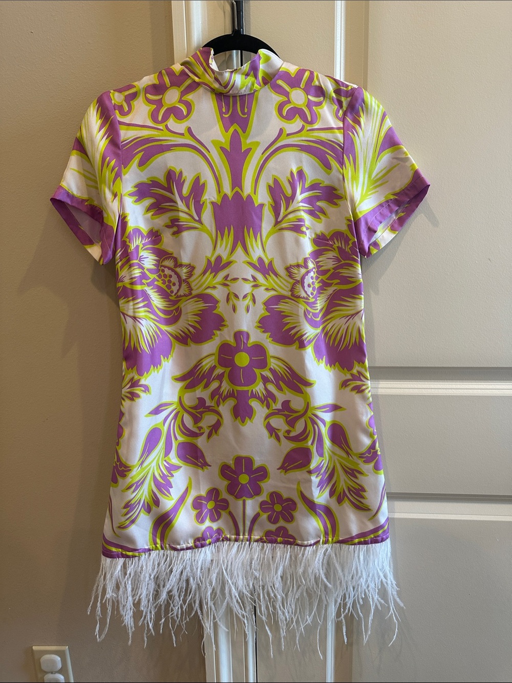 PATTY KIM White Dress with Purple and Yellow Floral Print and Feather Hem - Picture 1 of 2
